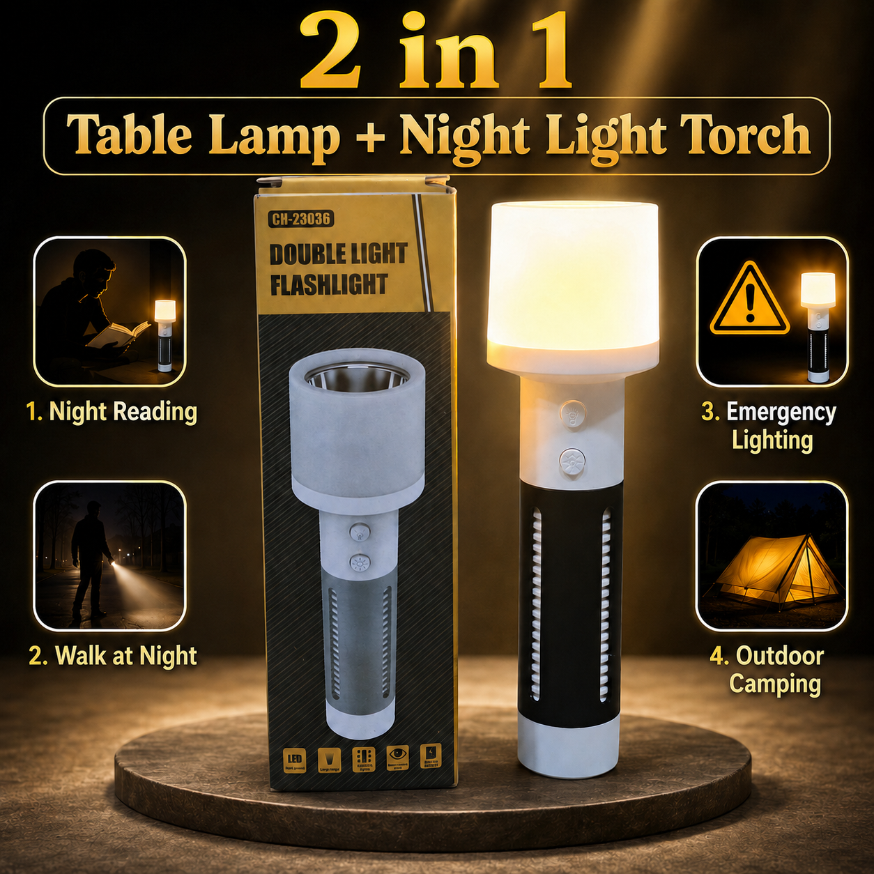2-in-1 Rechargeable Double Light Torch & Reading/Table Lamp