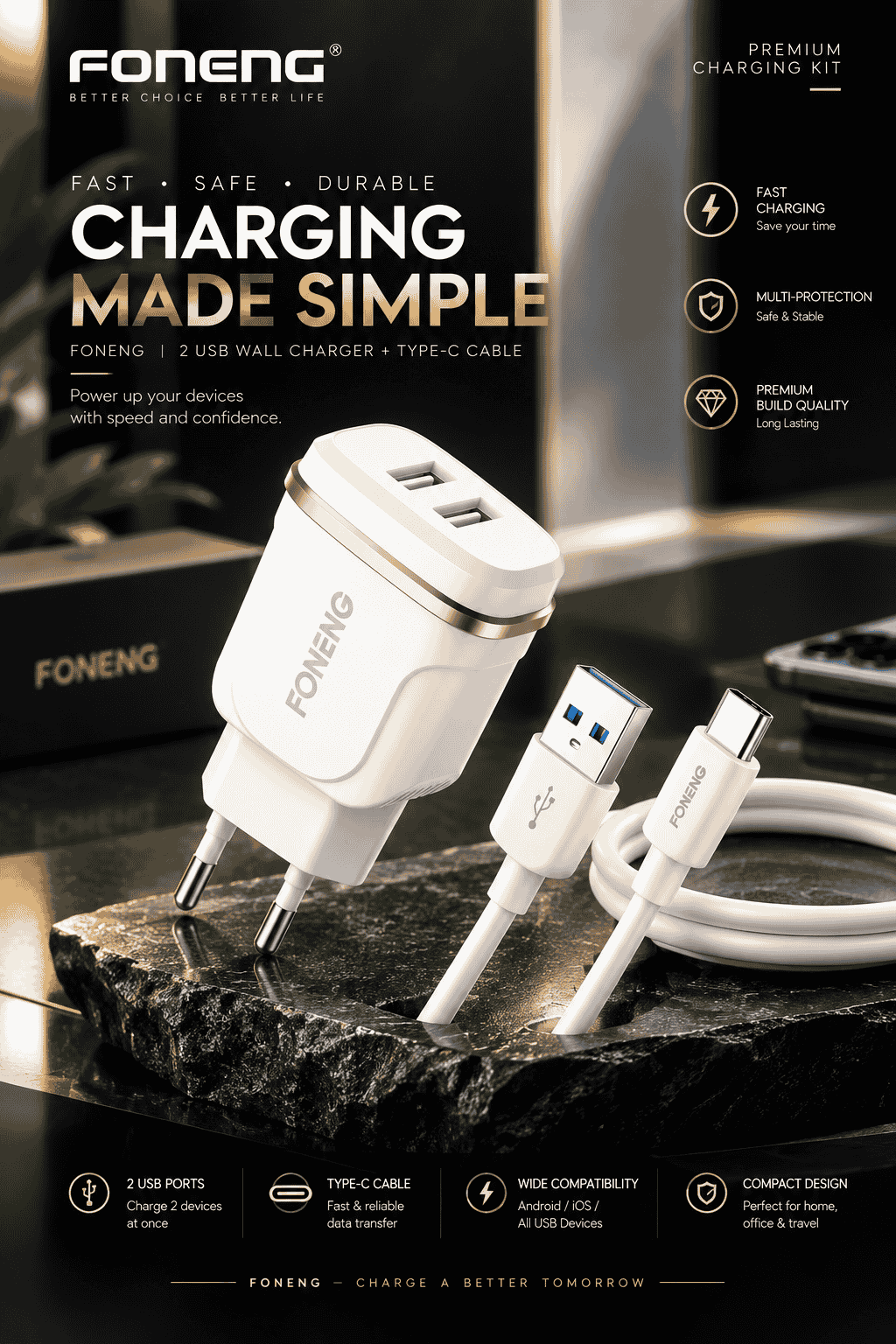 ⚡ FONENG 2-Port USB চার্জার + Type-C কেবল